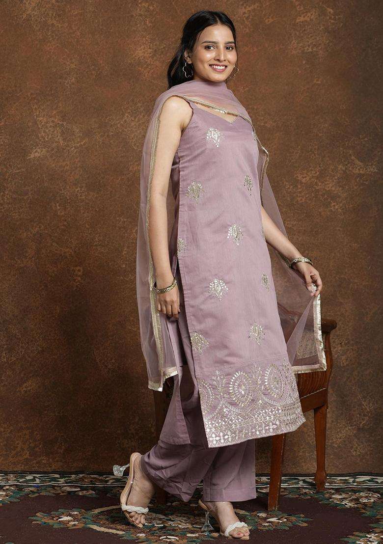 Purple Embroidery Silk Blend Kurta Set - Indya