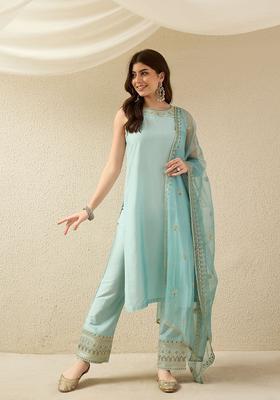 Sky Blue Embroidery Silk Kurta Set