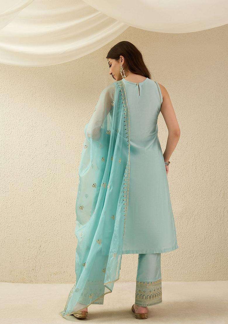 Sky Blue Embroidery Silk Blend Kurta Set - Indya