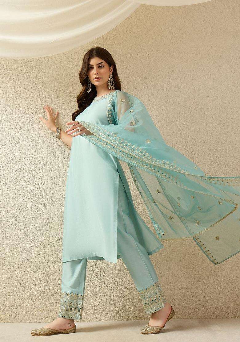 Sky Blue Embroidery Silk Blend Kurta Set - Indya