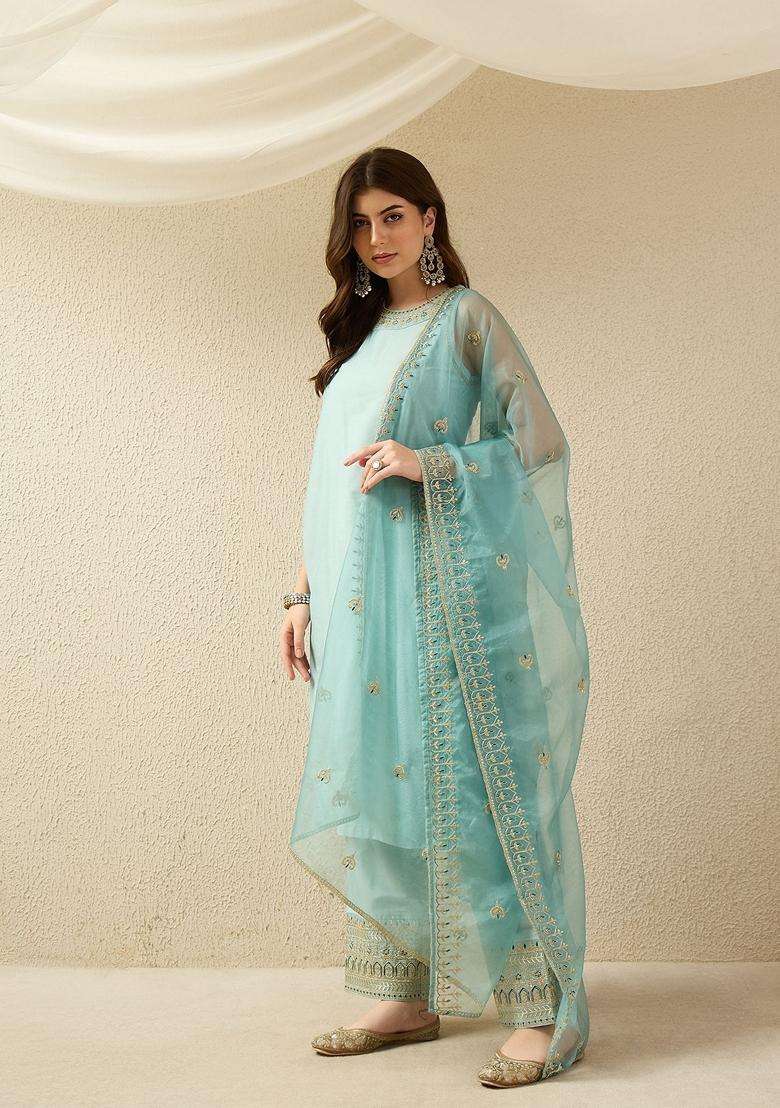 Sky Blue Embroidery Silk Blend Kurta Set - Indya