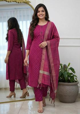 Pink Embroidery Cotton Kurta Set