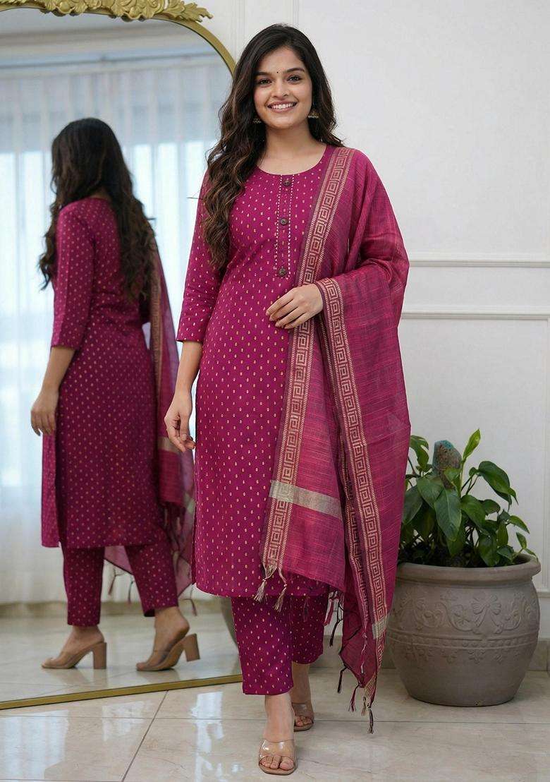 Pink Embroidery Cotton Kurta Set - Indya