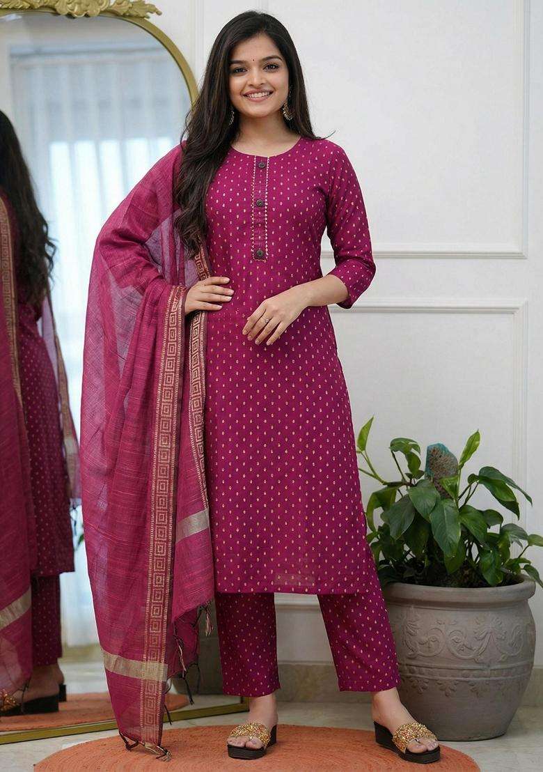 Pink Embroidery Cotton Kurta Set - Indya