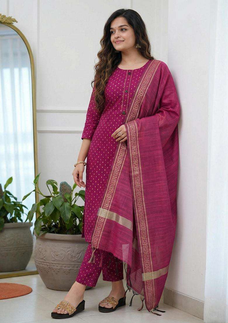 Pink Embroidery Cotton Kurta Set - Indya