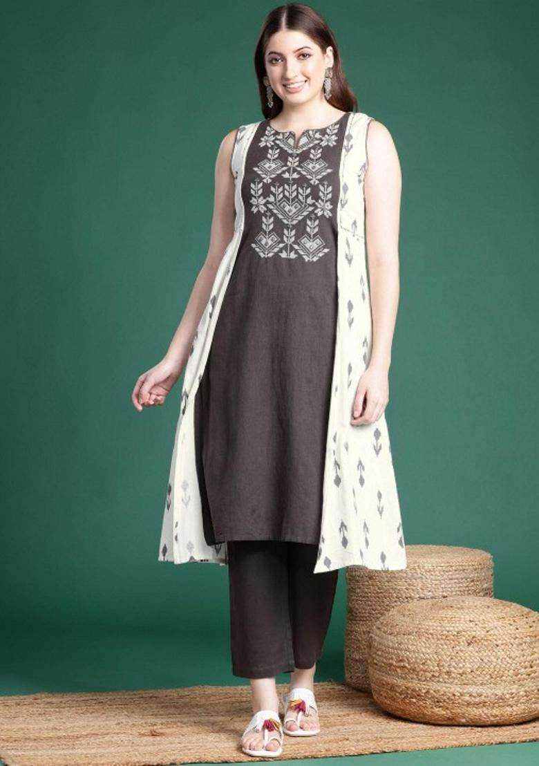 Brown Embroidery Cotton Kurta Set - Indya