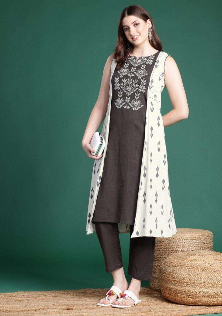 Brown Embroidery Cotton Kurta Set - Indya
