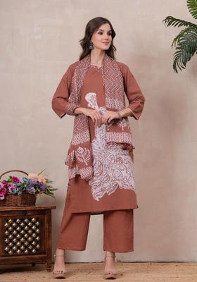 Rust Printed Cotton Kurta Set