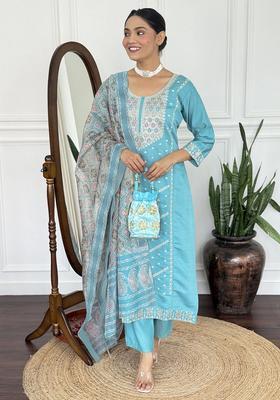 Sky Blue Embroidery Silk Kurta Set