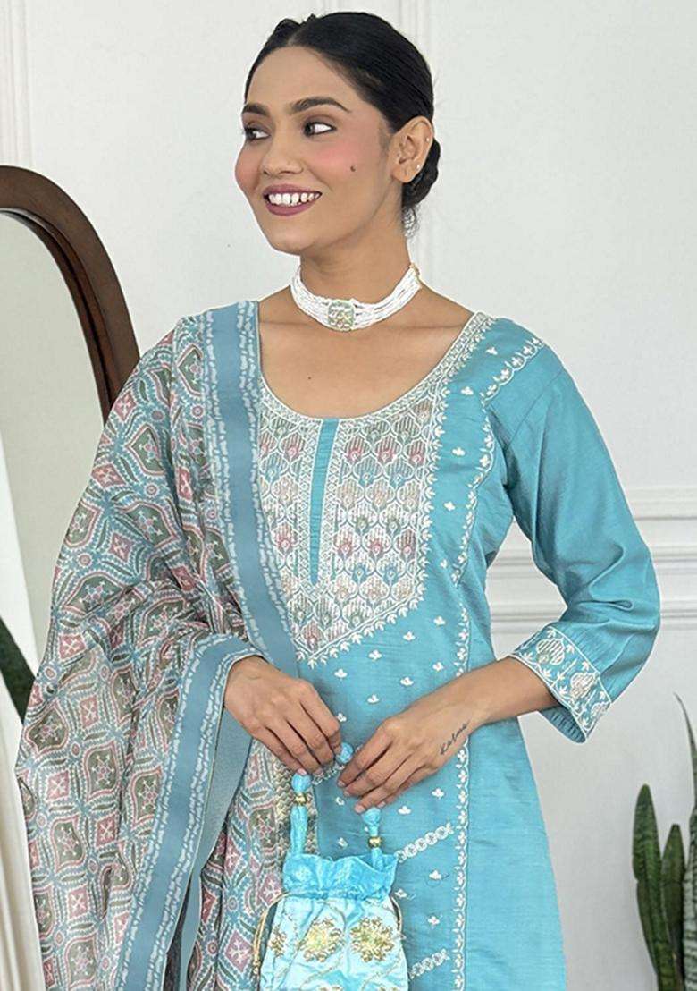Sky Blue Embroidery Silk Blend Kurta Set - Indya