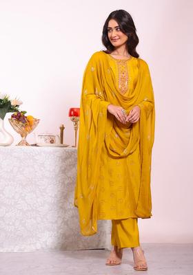 Yellow Embroidery Silk Kurta Set