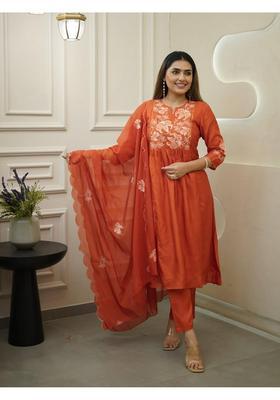 Orange Embroidery Georgette Kurta Set