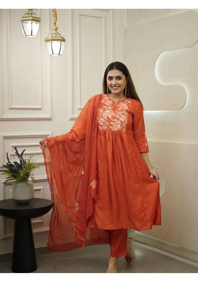 Orange Embroidery Georgette Kurta Set - Indya
