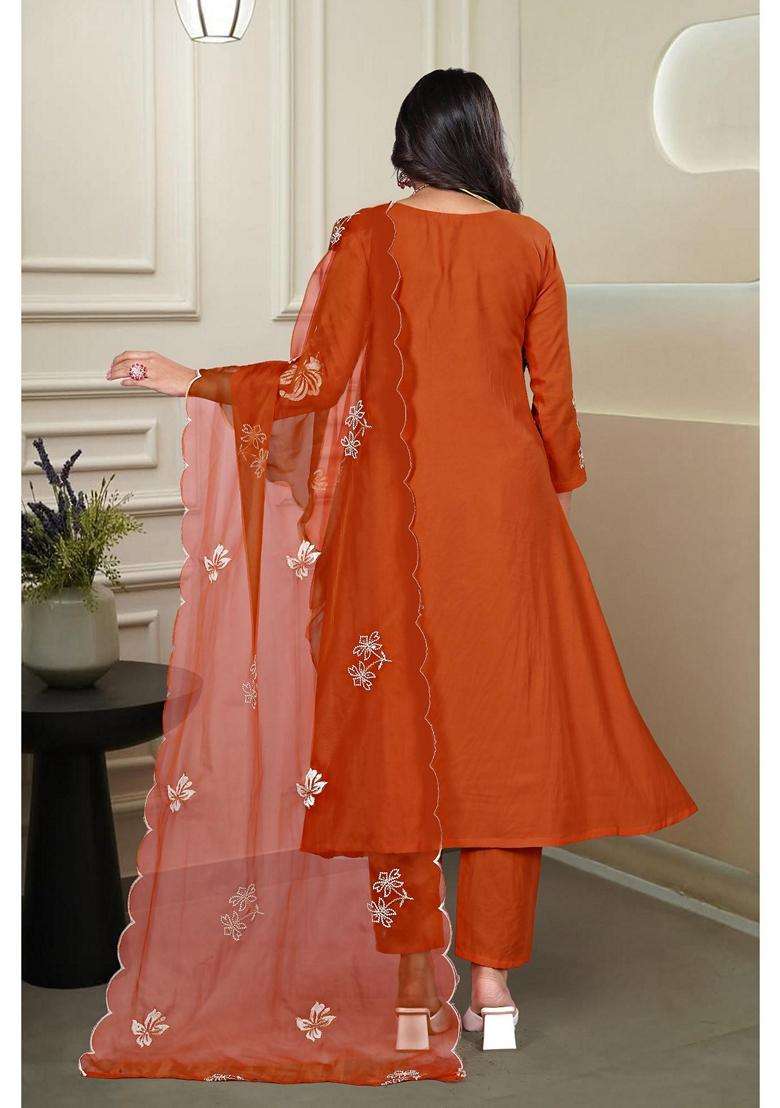 Orange Embroidery Georgette Kurta Set - Indya