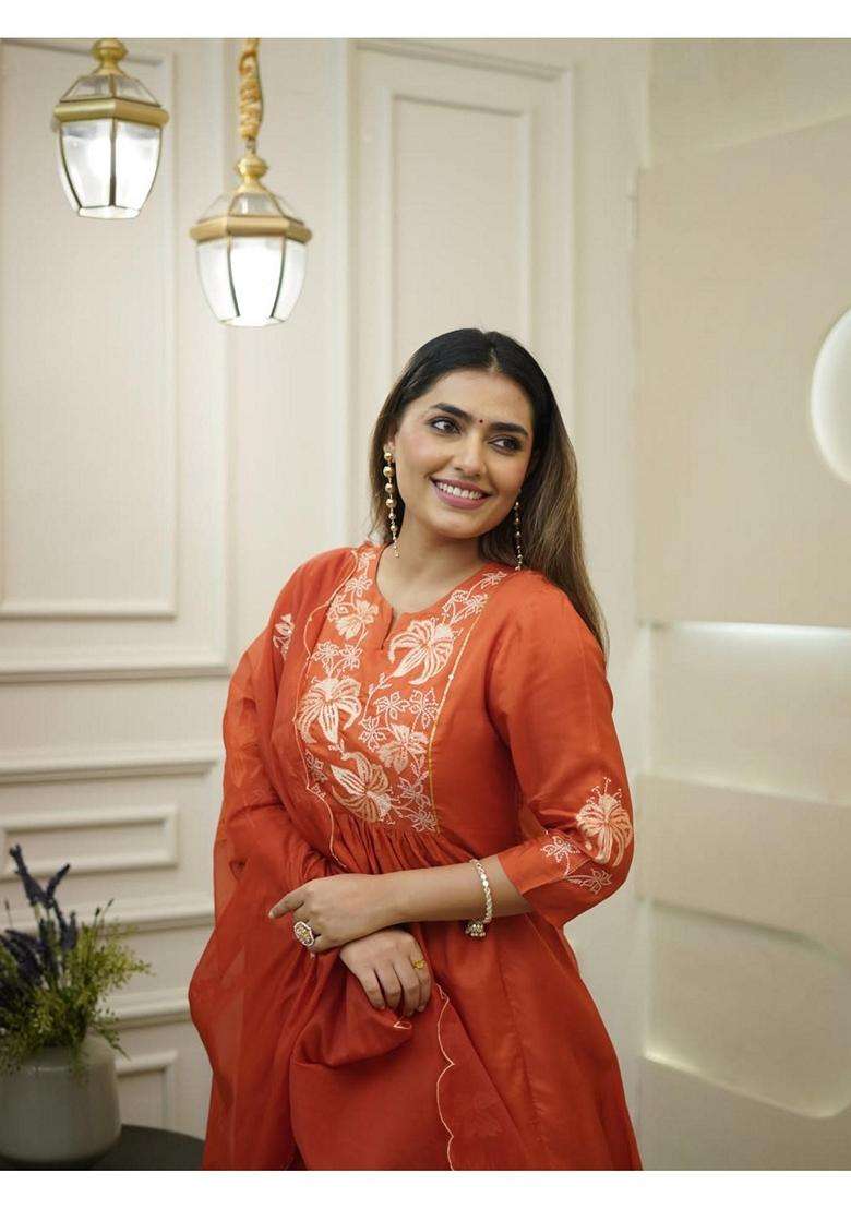 Orange Embroidery Georgette Kurta Set - Indya