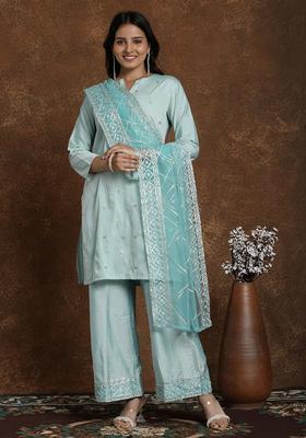 Sky Blue Embroidery Silk Palazzo Set