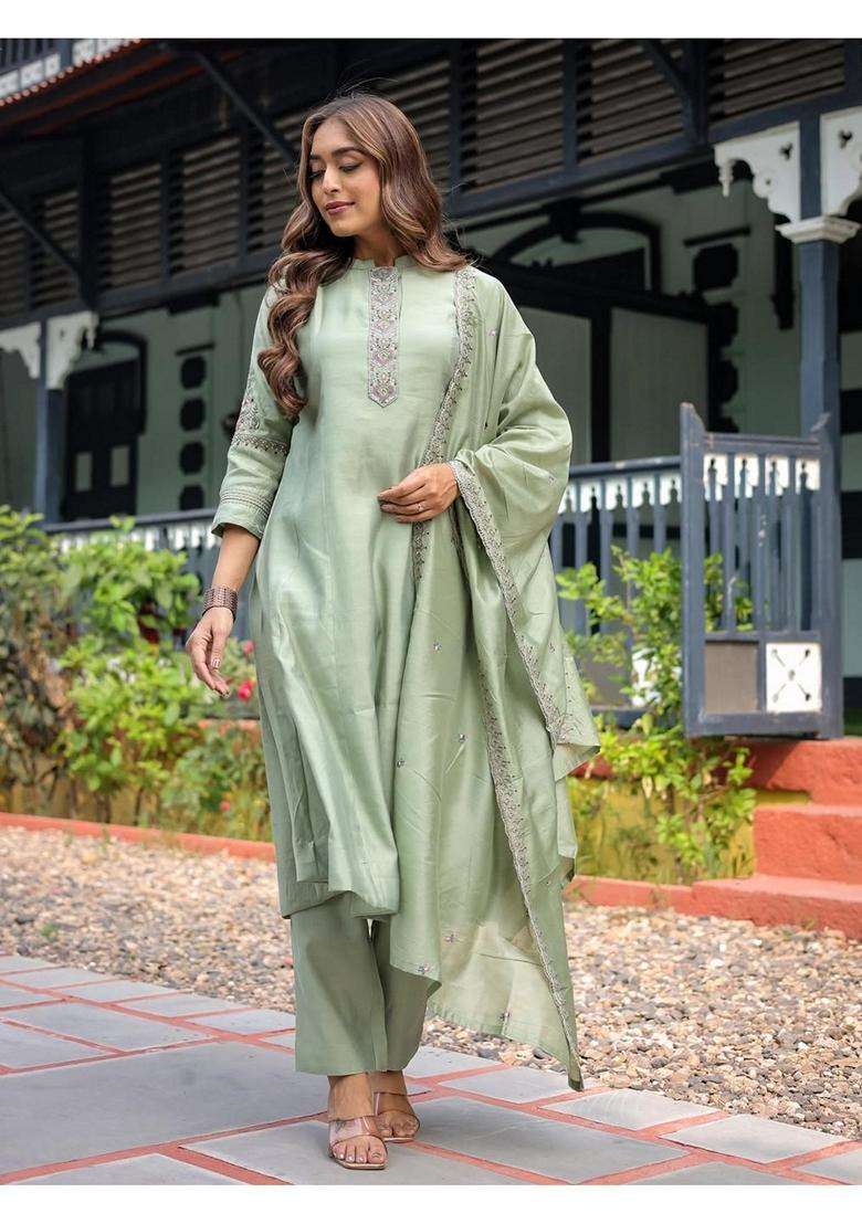Silver Embroidery Muslin Kurta Set - Indya