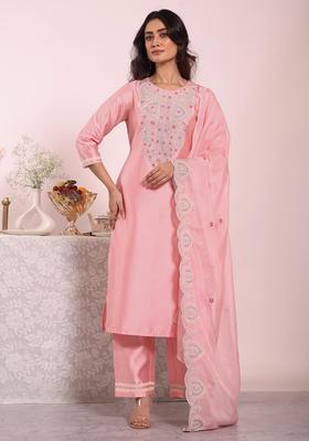 Pink Embroidery Silk Kurta Set