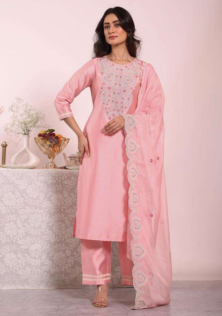 Pink Embroidery Silk Blend Kurta Set - Indya