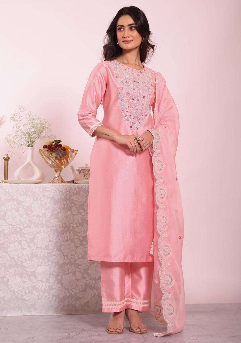 Pink Embroidery Silk Blend Kurta Set - Indya