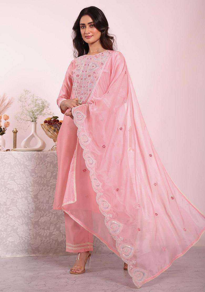 Pink Embroidery Silk Blend Kurta Set - Indya