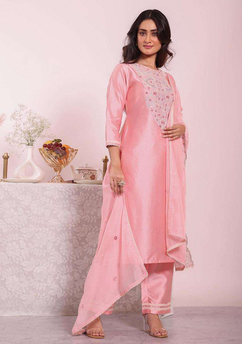 Pink Embroidery Silk Blend Kurta Set - Indya