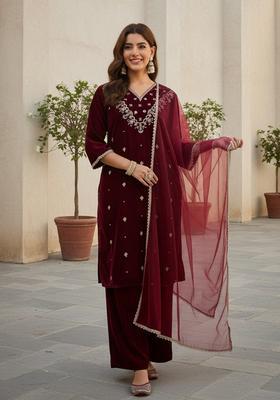Maroon Embroidery Velvet Kurta Set