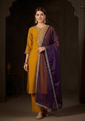 Yellow Embroidery Silk Kurta Set