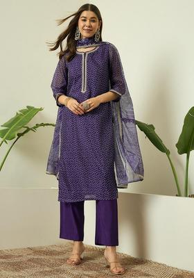 Purple Printed Organza Kurta Set