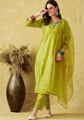 Green Embroidery Cotton Kurta Set
