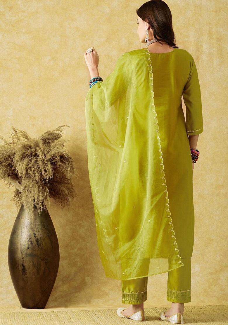 Green Embroidery Cotton Kurta Set - Indya