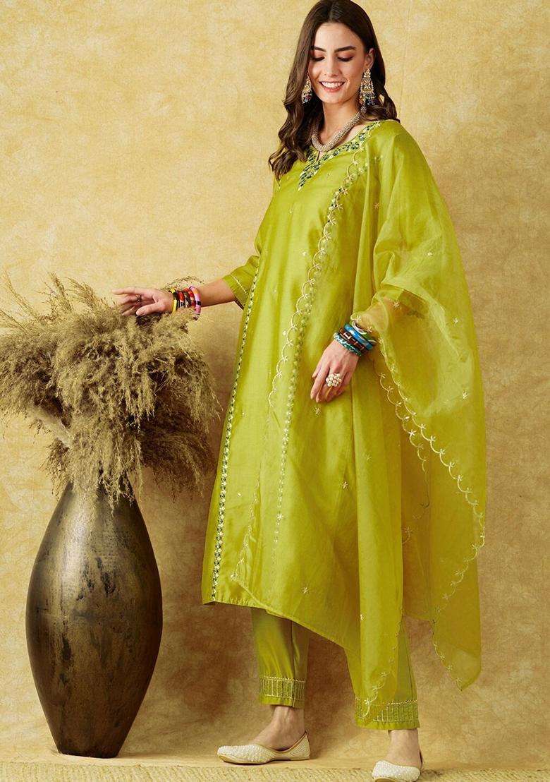 Green Embroidery Cotton Kurta Set - Indya