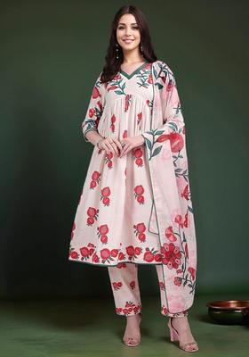 Light Pink Printed Cotton Anarkali Set