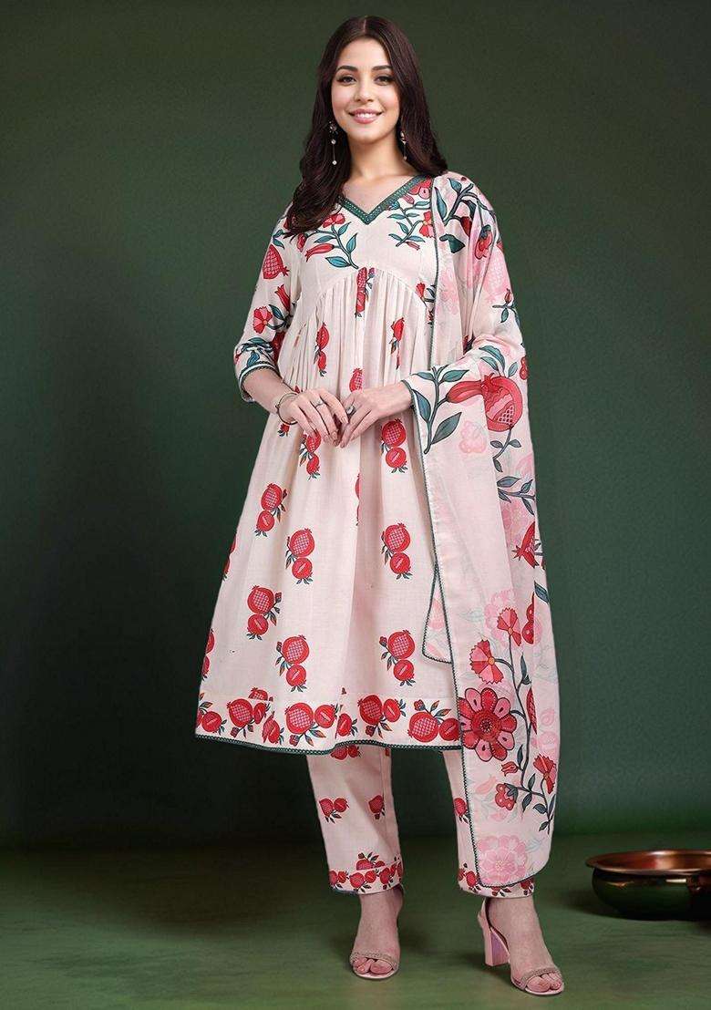 Light Pink Printed Cotton Anarkali Set - Indya