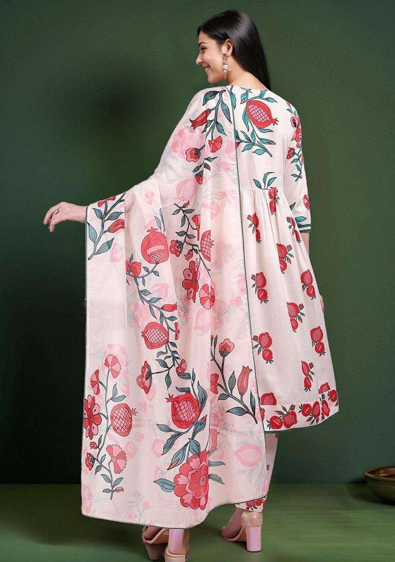 Light Pink Printed Cotton Anarkali Set - Indya