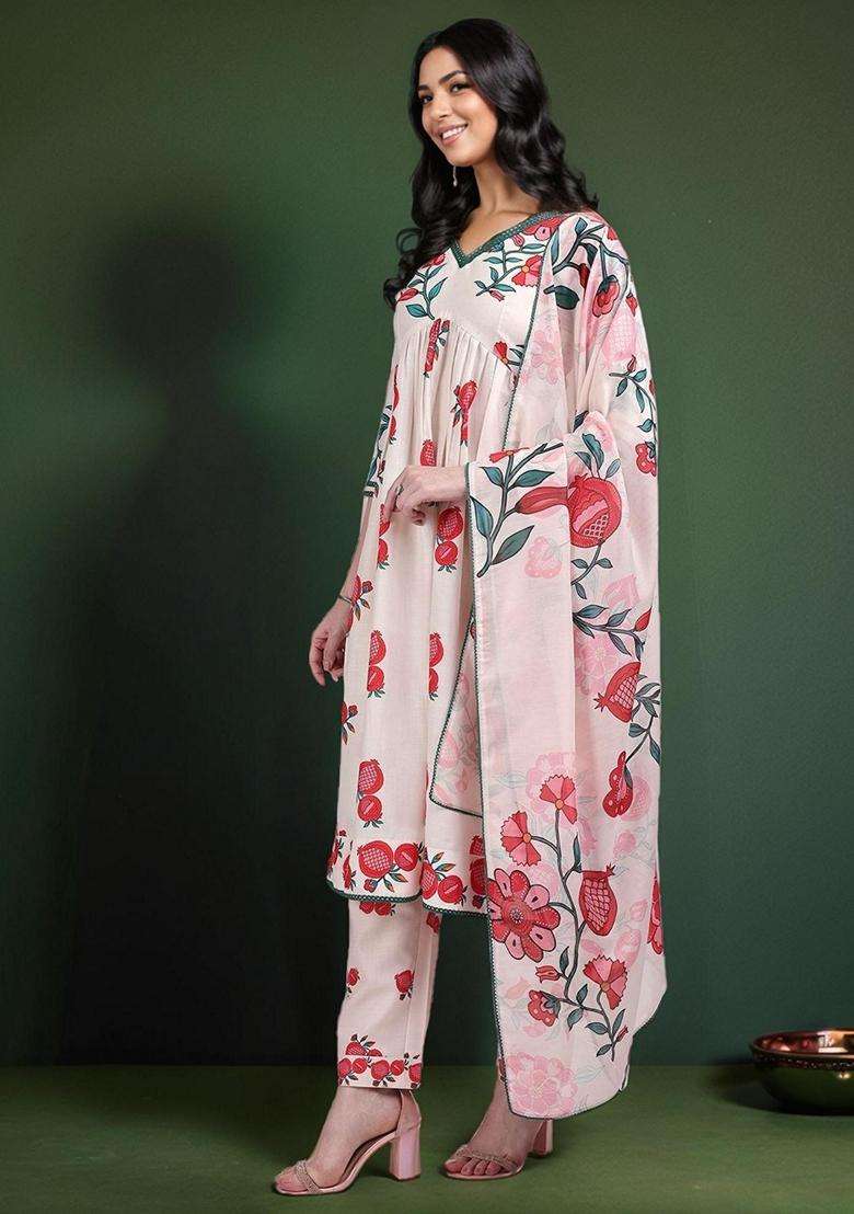 Light Pink Printed Cotton Anarkali Set - Indya