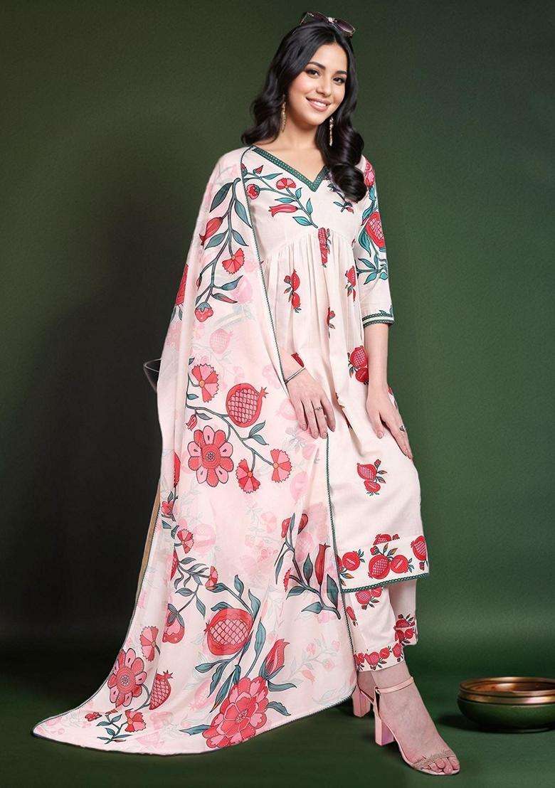 Light Pink Printed Cotton Anarkali Set - Indya