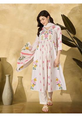Off White Embroidery Rayon Anarkali Set