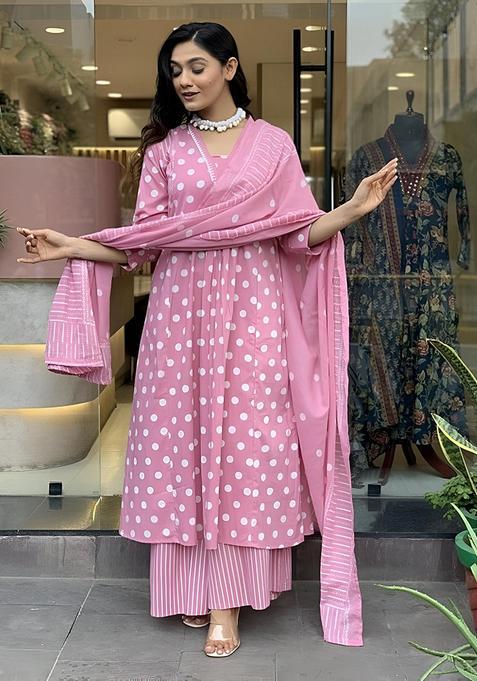 Pink Polka Dots Muslin Anarkali Set — view on Indya