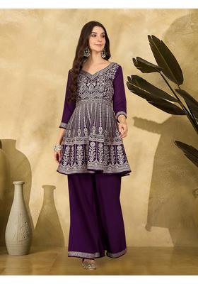 Wine Embroidery Silk Palazzo Set
