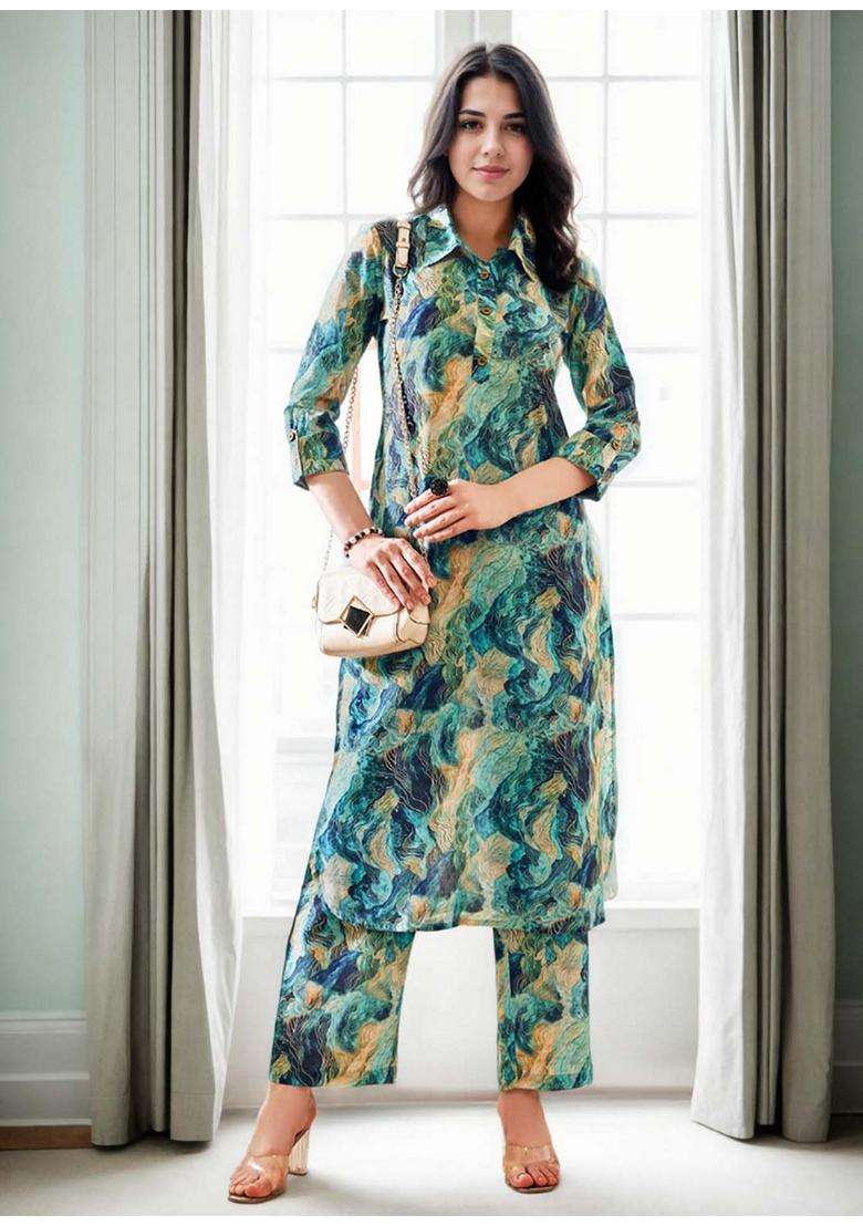 Green Abstract Cotton Co-Ord Set - Indya