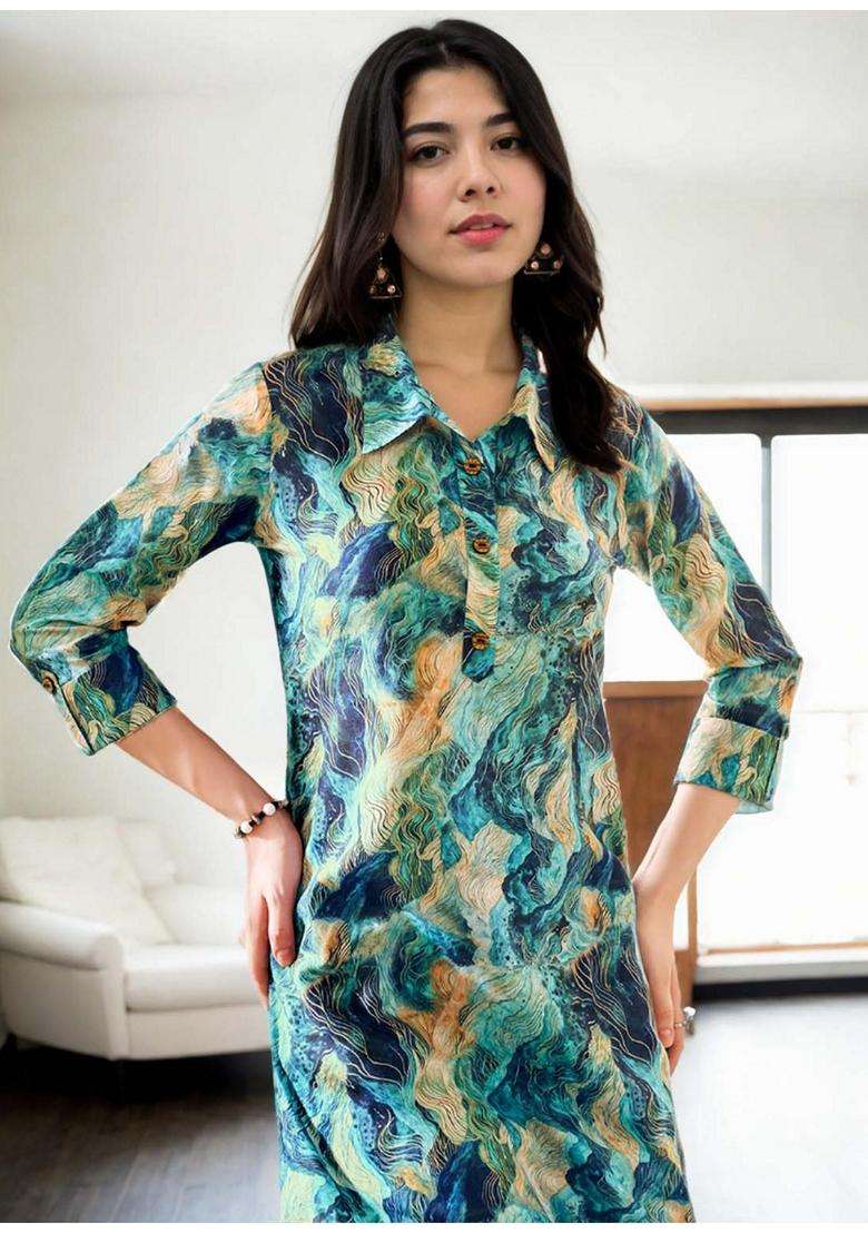Green Abstract Cotton Co-Ord Set - Indya