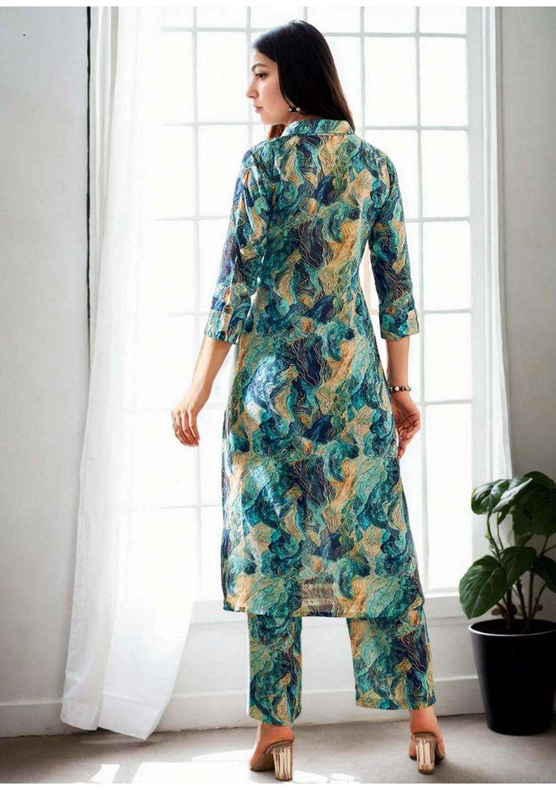 Green Abstract Cotton Co-Ord Set - Indya