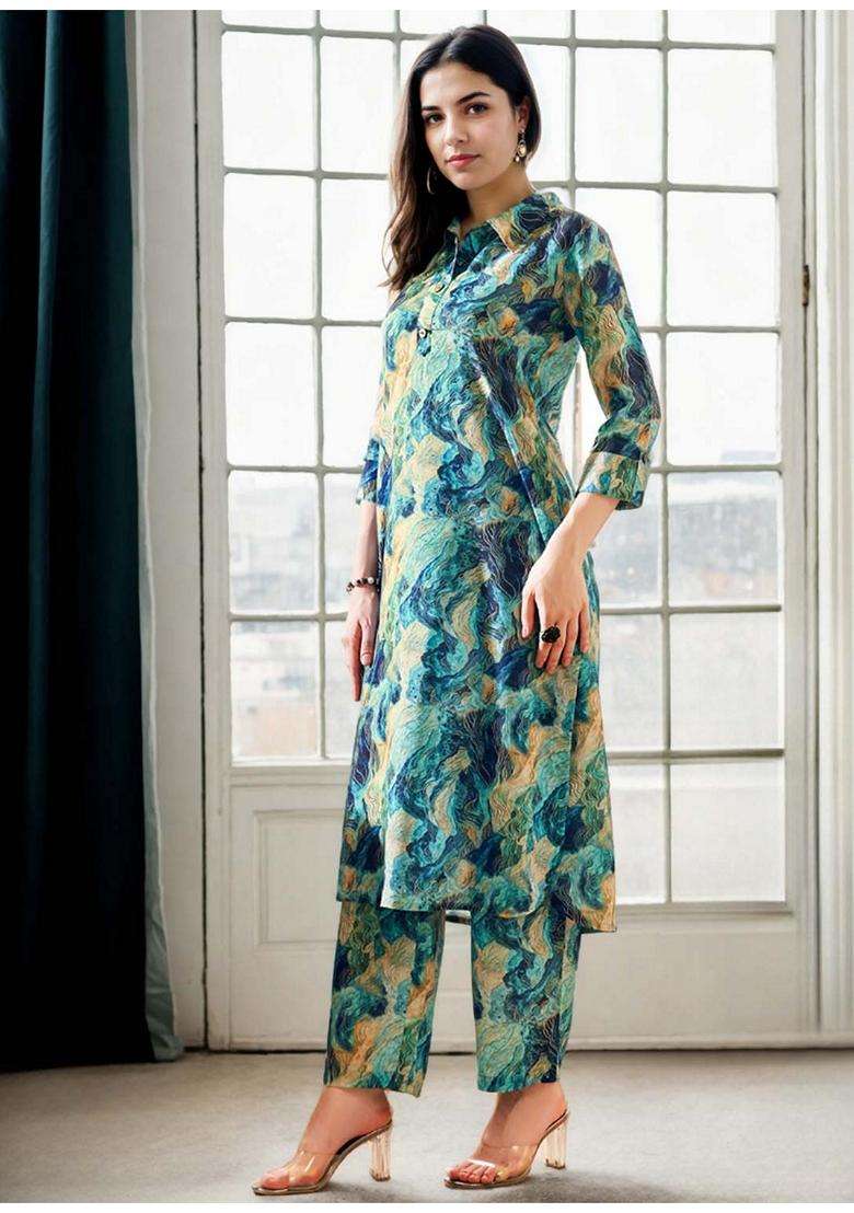 Green Abstract Cotton Co-Ord Set - Indya