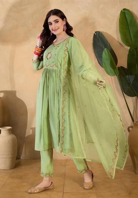 Green Embroidery Silk Kurta Set
