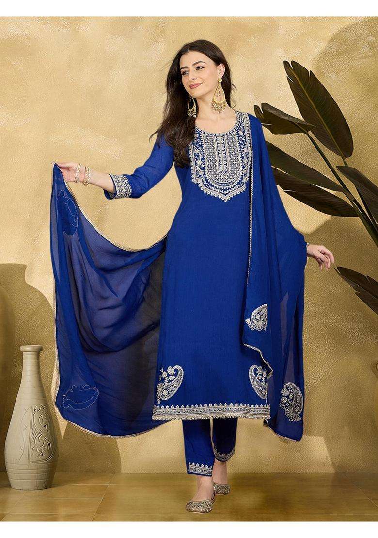 Blue Embroidery Silk Blend Kurta Set - Indya