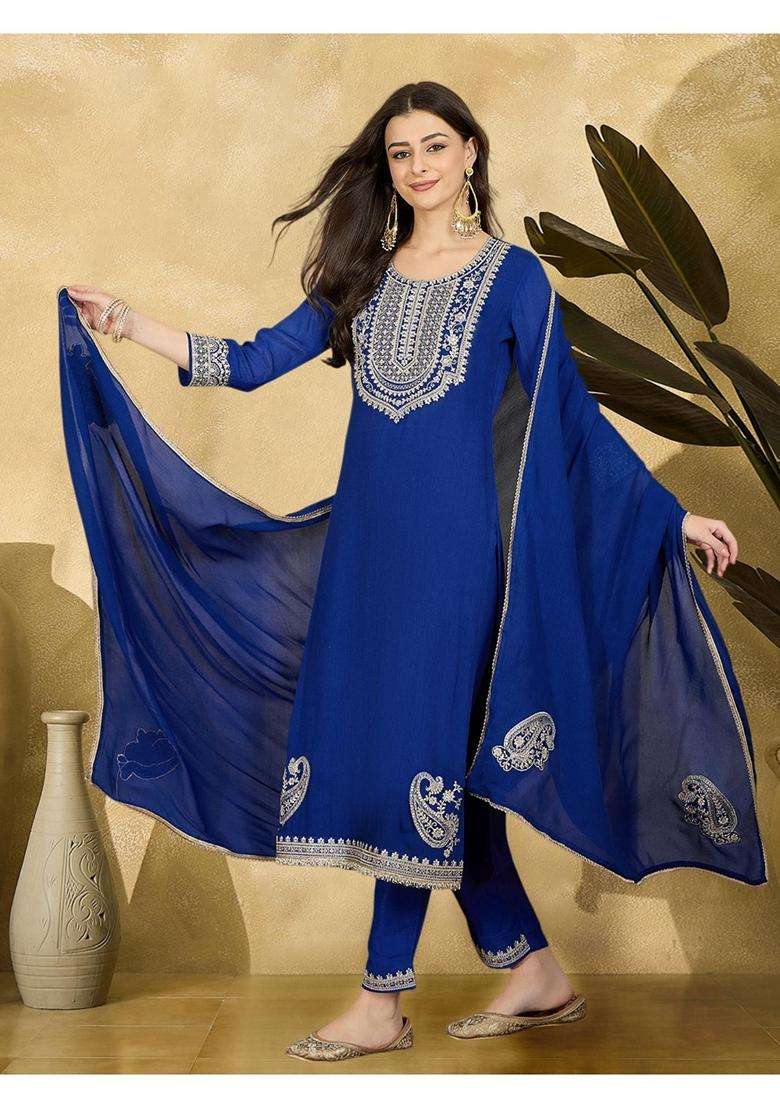 Blue Embroidery Silk Blend Kurta Set - Indya