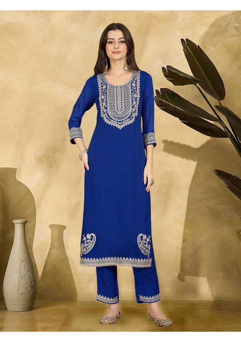 Blue Embroidery Silk Blend Kurta Set - Indya