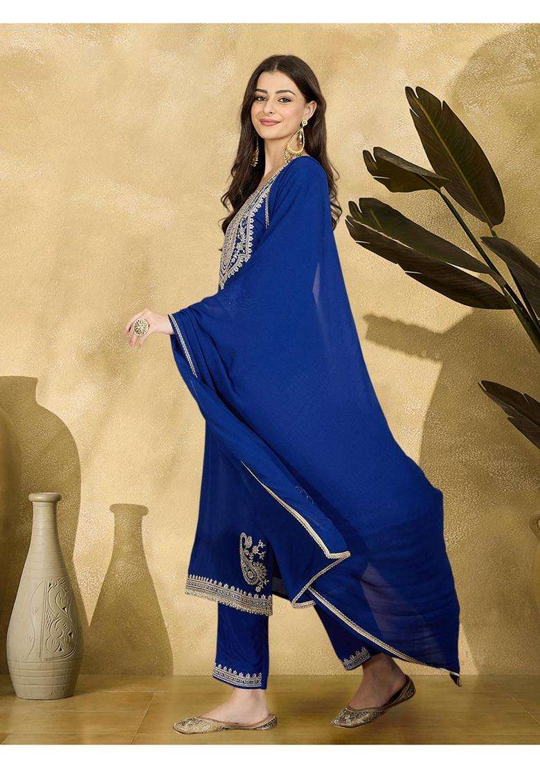 Blue Embroidery Silk Blend Kurta Set - Indya