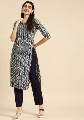 Blue Printed Crepe Kurta Set